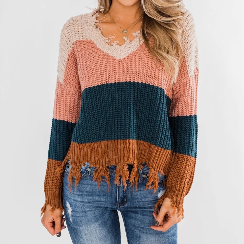 Love Tree Multicolor Frayed V-Neck Sweater